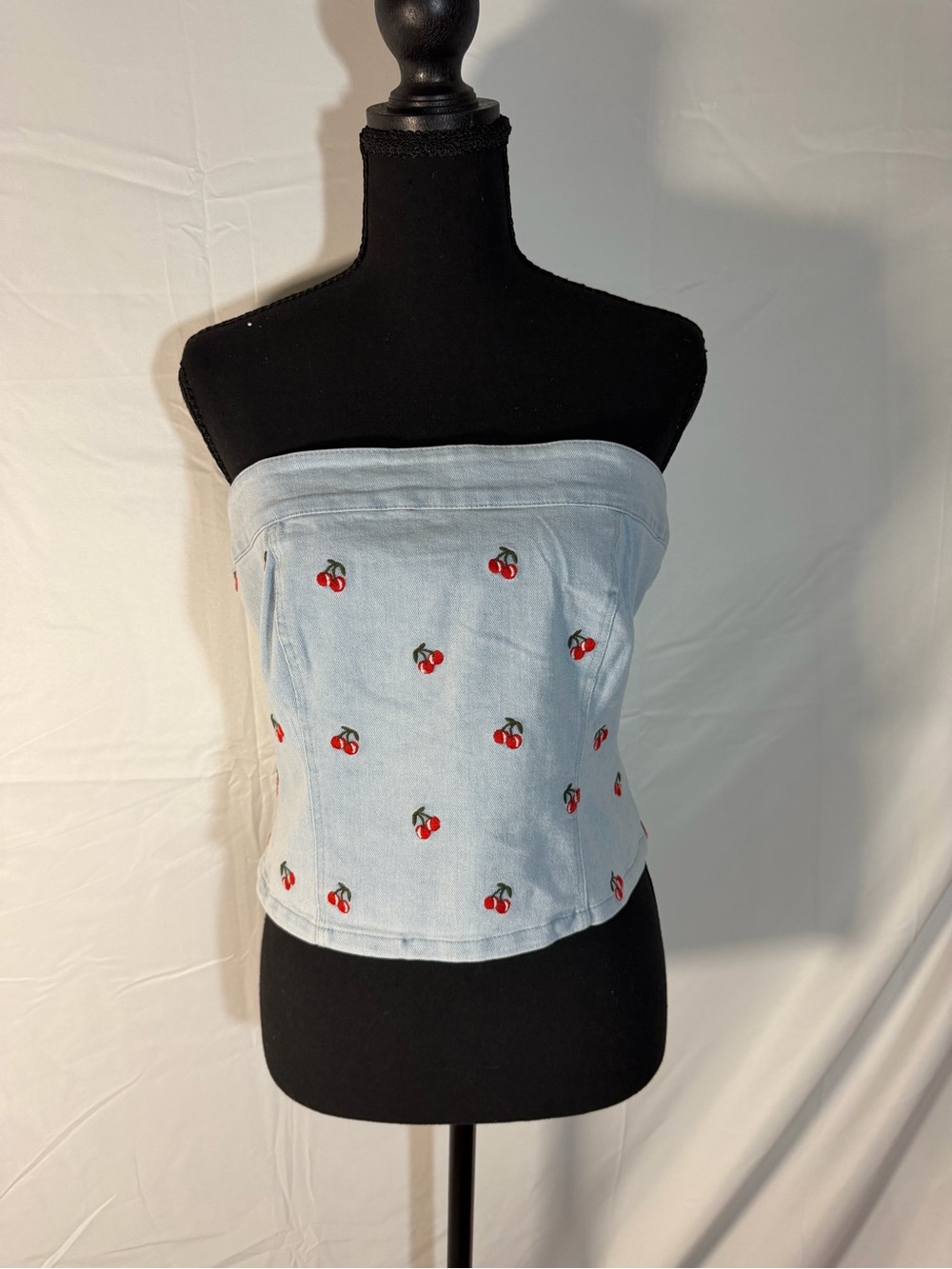 Jolie Light Blue Strapless Cherry Embroidered Crop Top